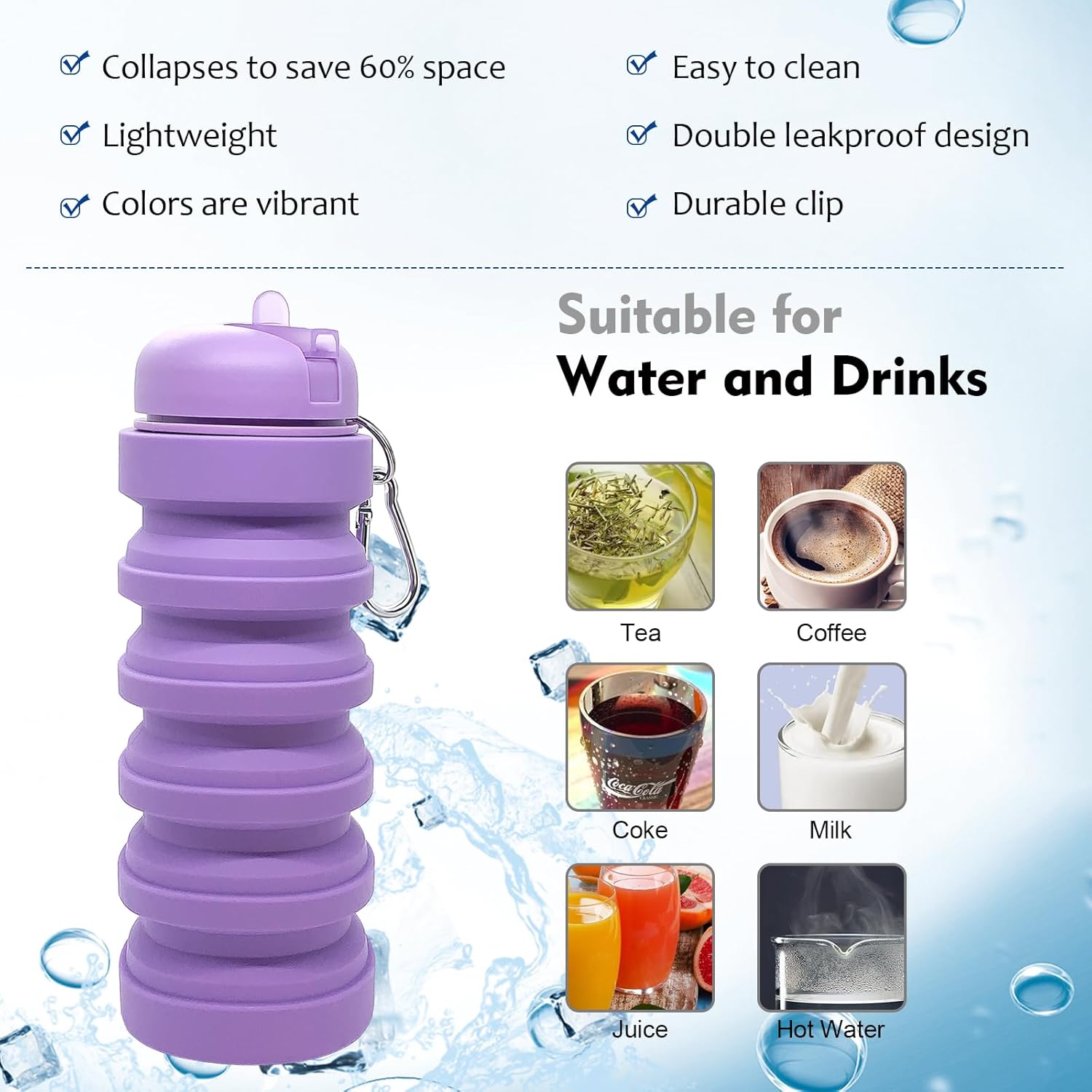 Fortek Foldable Water Bottle Reusable Purple Silicone Water Bottle for Travel Outdoor Camping Hiking Sports Gym Essentials Easy to Carry BPA Free 20 oz Happy Everyday - Image 5