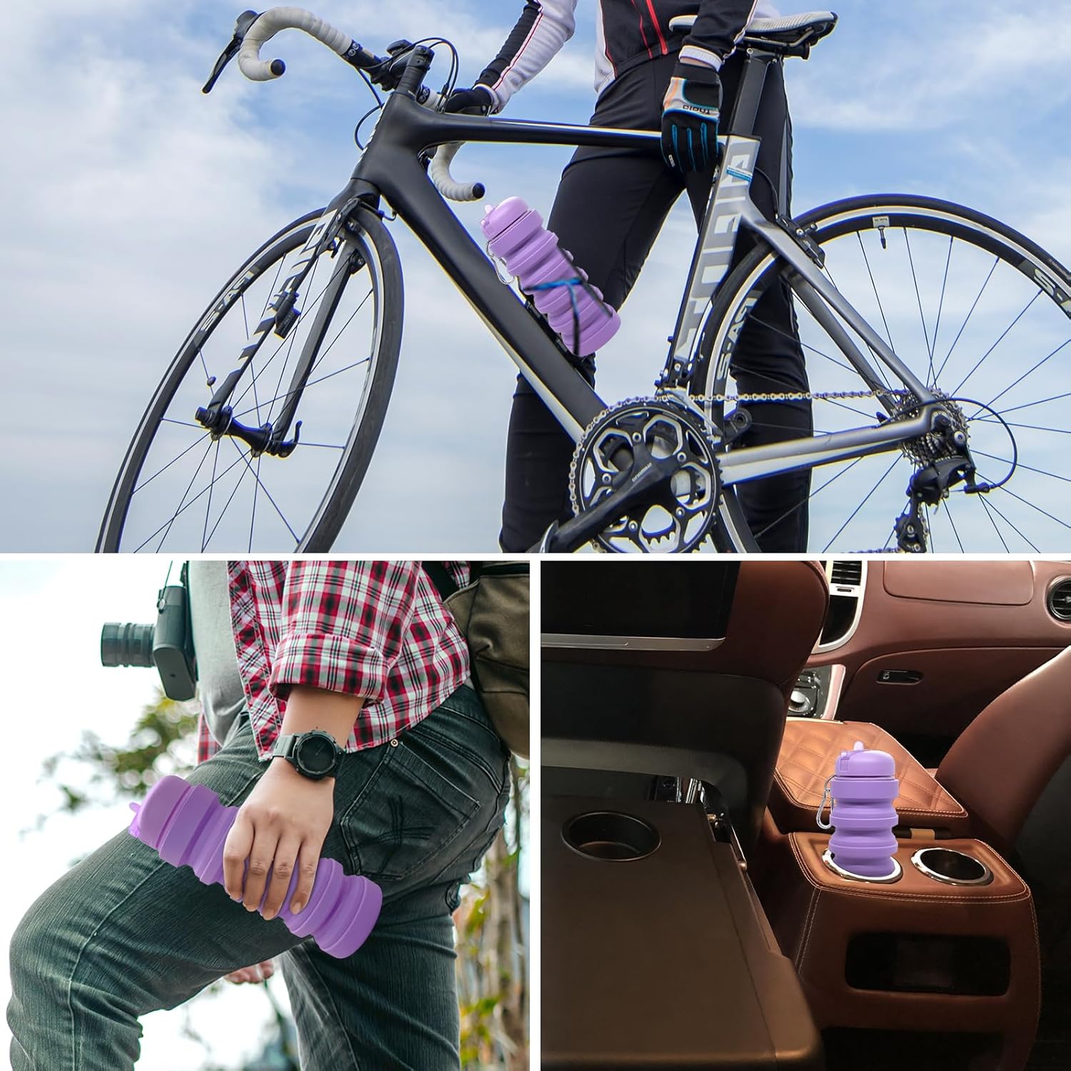 Fortek Foldable Water Bottle Reusable Purple Silicone Water Bottle for Travel Outdoor Camping Hiking Sports Gym Essentials Easy to Carry BPA Free 20 oz Happy Everyday - Image 6