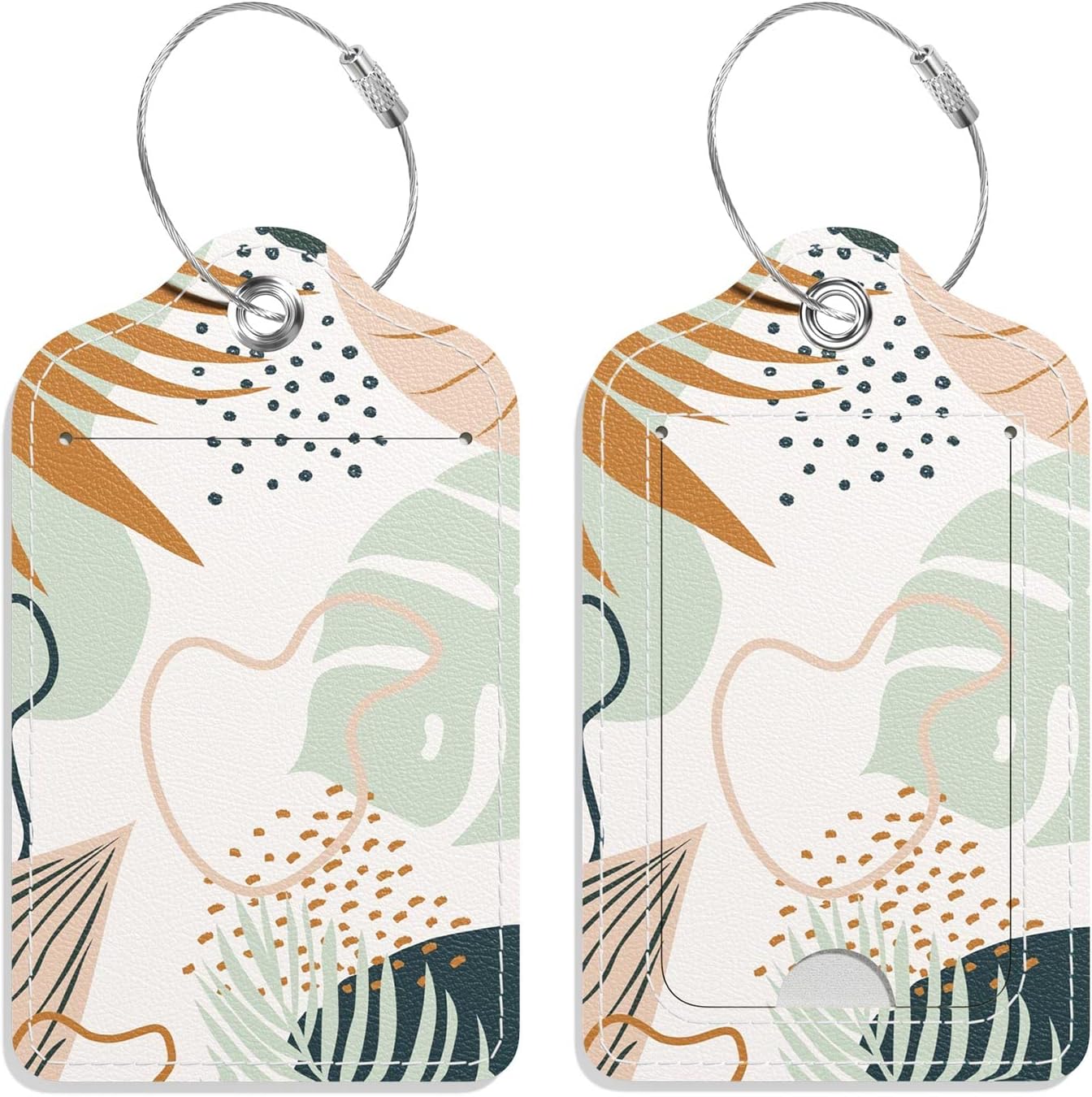 GDJEGE PU Leather Luggage Tags for Suitcase, Travel Cruise 2 Pack with Privacy Flap, Name ID Label and Metal Loop for Women Men Girls Baggage Bag Backpack Instrument, Boho Leaves