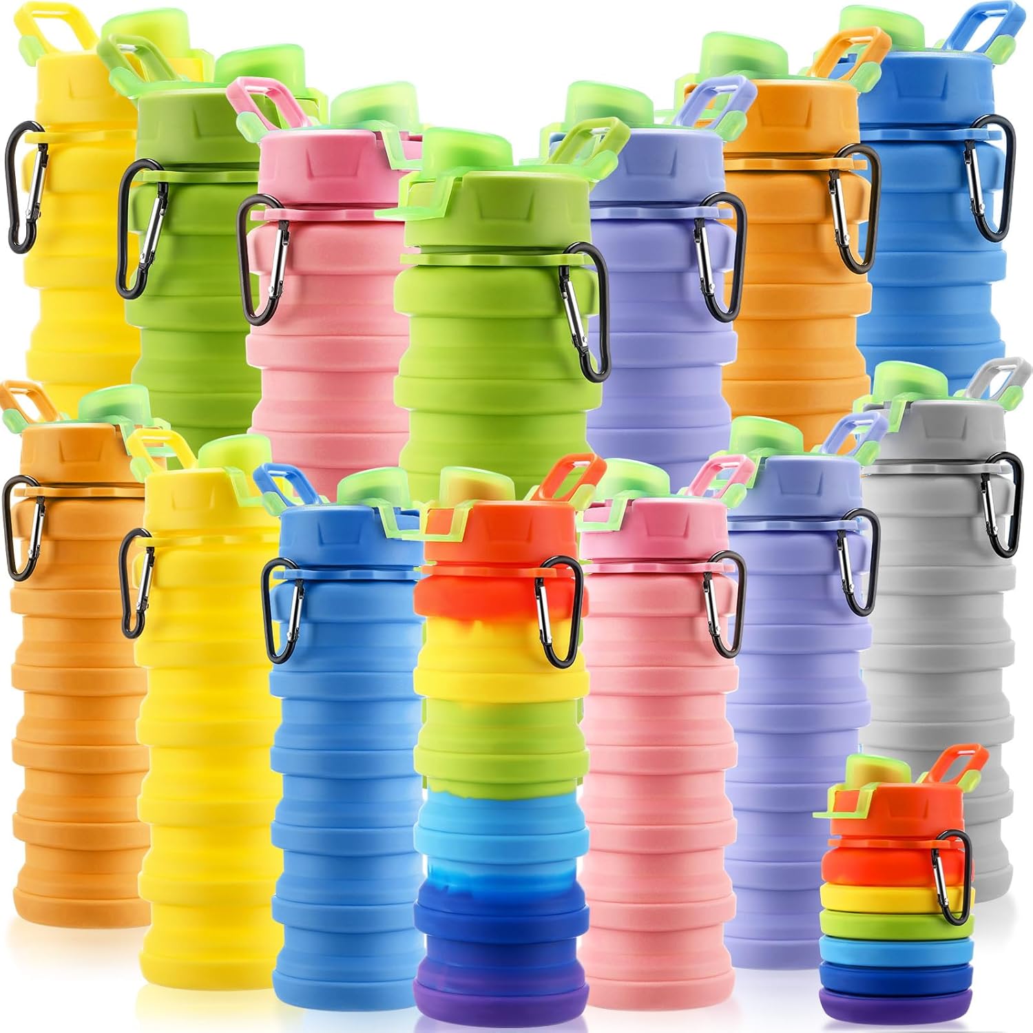 Sunnyray 14 Pack Collapsible Water Bottles Bulk 17 oz Silicone Foldable Water Bottle Portable Leak Proof Travel Water Bottle Reusable Sports Bottles with Clip for Hiking Camping (Lighted Color)