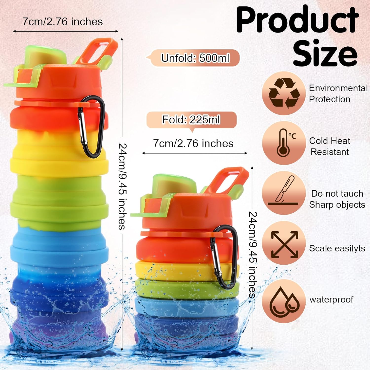 Sunnyray 14 Pack Collapsible Water Bottles Bulk 17 oz Silicone Foldable Water Bottle Portable Leak Proof Travel Water Bottle Reusable Sports Bottles with Clip for Hiking Camping (Lighted Color) - Image 2
