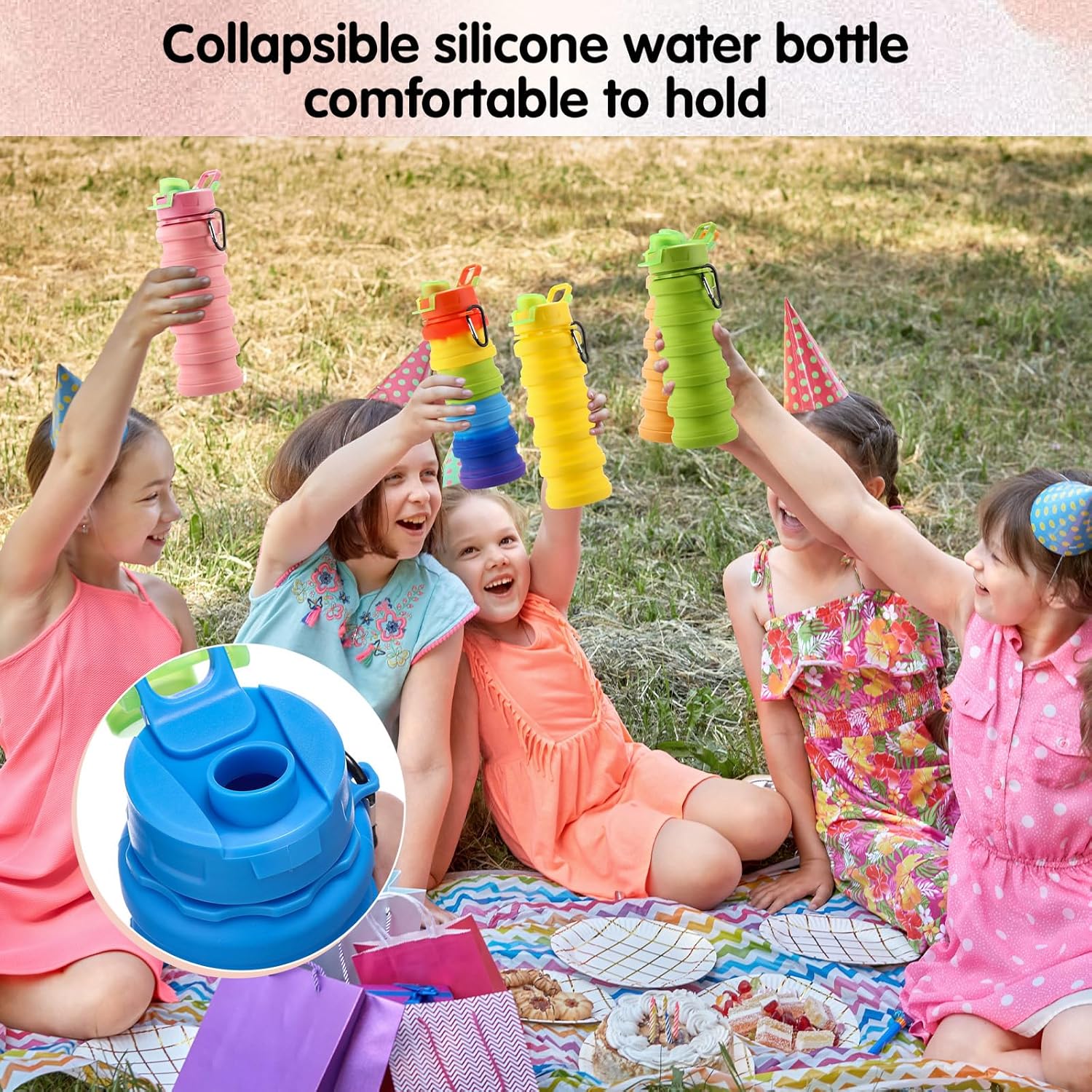 Sunnyray 14 Pack Collapsible Water Bottles Bulk 17 oz Silicone Foldable Water Bottle Portable Leak Proof Travel Water Bottle Reusable Sports Bottles with Clip for Hiking Camping (Lighted Color) - Image 5