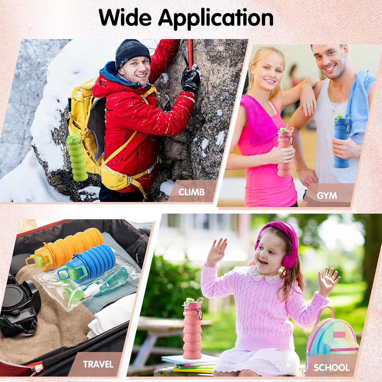 Sunnyray 14 Pack Collapsible Water Bottles Bulk 17 oz Silicone Foldable Water Bottle Portable Leak Proof Travel Water Bottle Reusable Sports Bottles with Clip for Hiking Camping (Lighted Color) - Image 6