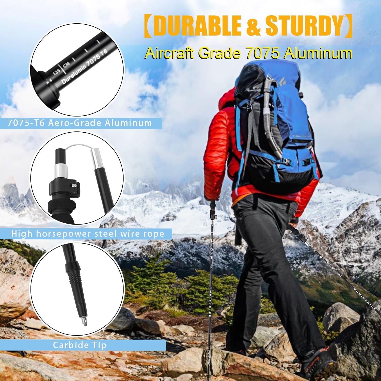 Trekking Poles Aviation Grade Aluminum Alloy-Strong Lightweight Collapsible Walking Stick,Trekking Pole Hiking for Seniors, Men,Women in The 4 Season,All-Terrain,2pc Per Set - Image 2